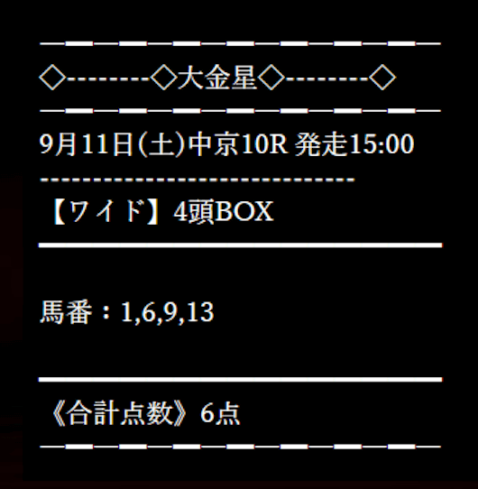 競馬予想サイト「大金星」の2021年9月11日の無料予想
